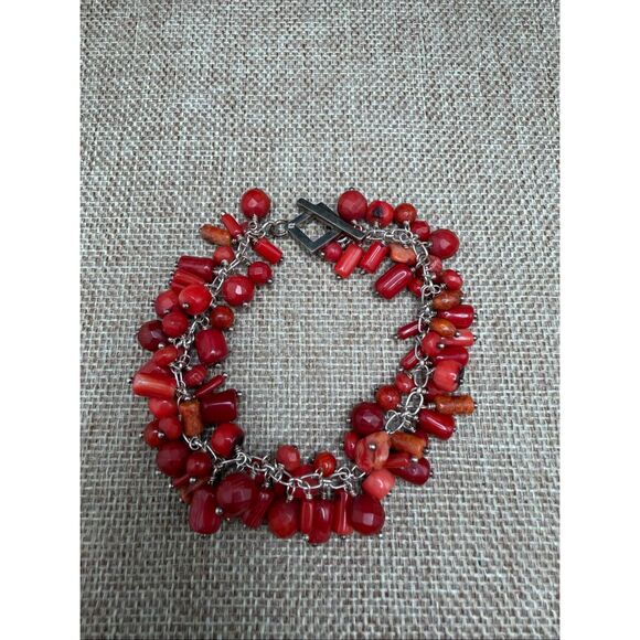 Red Coral Bead Cluster Bracelet Silver Tone Toggle Clasp - Picture 3 of 7